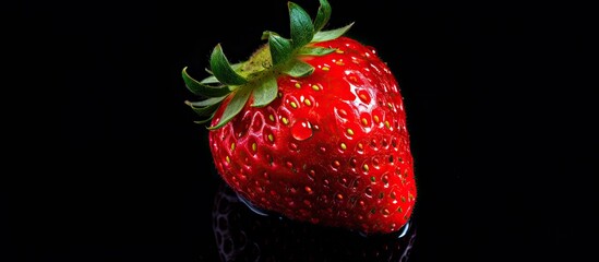 Poster - Fresh juicy strawberry on a dark background Summer red berries on black Healthy vegetarian eating dieting Top view with copy space
