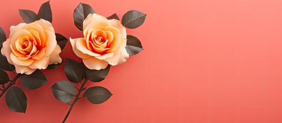 Aufkleber - Three light yellow artificial rose flowers with leaves iron workpiece bezel on Living coral background Free space for adding text Closeup for greeting cards backgrounds frames. copy space available