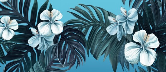 Aufkleber - Palm Monstera Seamless Pattern Blue Black Tropical Summer Background Beach Jungle Leaves for Swimwear Design Lei Rapport Vintage Hawaiian Print Exotic Texture Botanic tile Copy space Top view