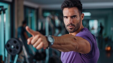 Wall Mural - Fitness trainer wearing purple top pointing at clock in home gym workout concept