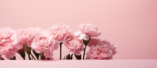 Poster - A close up of soft pink carnations arranged in a bouquet set against a pink background with plenty of empty space for text or other images. copy space available