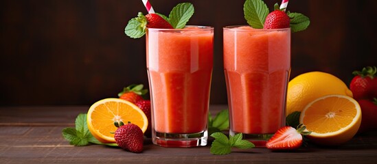 Poster - Fresh strawberry and orange smoothies a refreshing and delicious drink perfect for any occasion. copy space available
