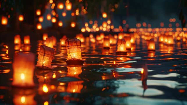 A large body of water is lit up with many candles