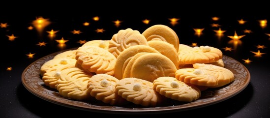 Poster - Christmas butter cookies with brown sugar Moon Shape in big tray together. copy space available