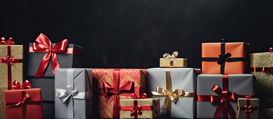 Poster - Multicolored gifts under the Christmas tree photo close up New Year s Eve multicolored gifts red and gray and black. copy space available