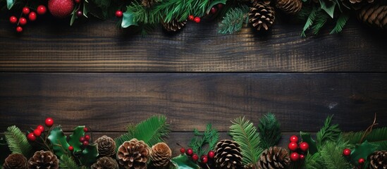 Aufkleber - Top view of a festive arrangement featuring a Christmas pinecone vibrant holly branches and a green wooden backdrop The image provides a flat view with ample copy space