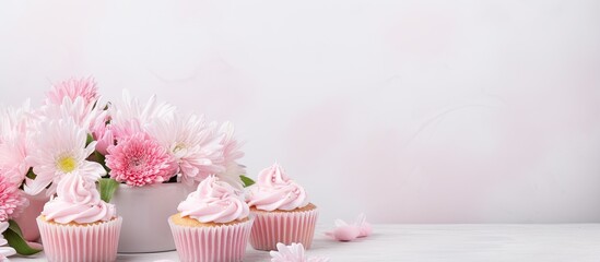 Leinwandbilder - Mother s day holiday brunch with cupcake craem and pink flowers on white background copy space