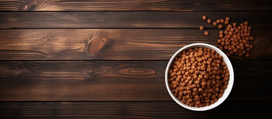 Poster - Top view of dog food in bowl with empty wooden background for text input Pet food concept. copy space available