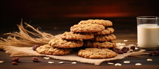 Poster - oat cookies on wooden table. copy space available