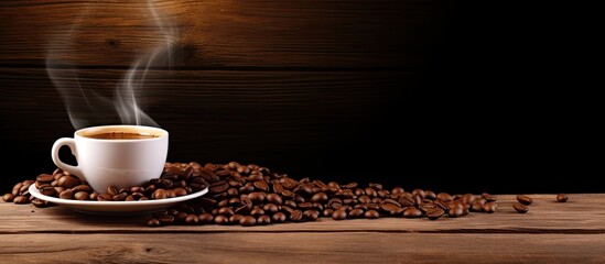 Aufkleber - Cup of coffee with grains on wooden background. copy space available