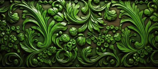 Poster - Green wooden background with flower patterns. copy space available