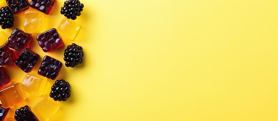 Poster - Candy heart Blackberry raspberry jelly gummy candy sweets on yellow color background Space for text Copy space Top view Flat lay