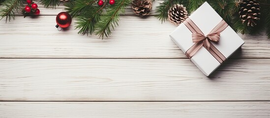Fototapete - Christmas gift box with tag New Year present in white box with fir branches at white wooden table Flat lay with copy space Celebration holiday season and winter concept