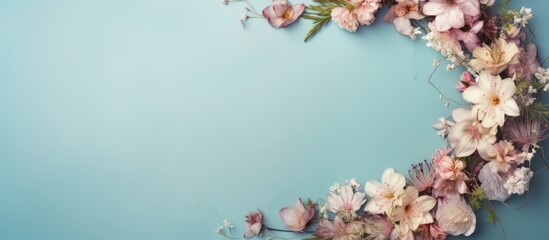 Aufkleber - Flowers composition creative Wreath made of light pink flowers on pastel blue background Flat lay top view copy space square