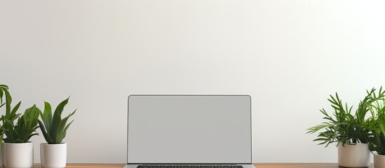 Aufkleber - Side view of a new modern white laptop lying on a table surface against the wall Action Working from home concept of freelance. copy space available
