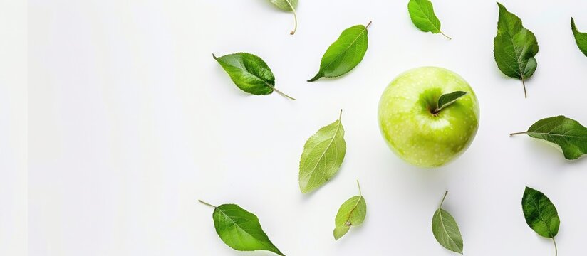 Green apple with green leaves isolated on a white background, viewed from above.