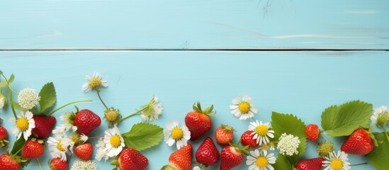 Poster - Fresh wild strawberries flowers and leaves on light blue wooden table flat lay Space for text. copy space available