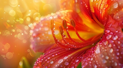 Wall Mural - A close-up photograph captures delicate dewdrops clinging to the petals of a brightly colored flower, bathed in the soft glow of sunlight