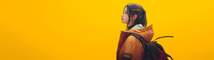 Wall Mural - side view portrait of a student girl wearing a jacket and bag on a bright yellow background, a vibrant pop anime illustration, background with a ratio size of 32:9