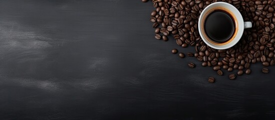 Aufkleber - Coffee cup coffee beans and canvas bag on black table background Top view. copy space available