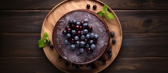 Poster - Cutted chocolate cake with black currant confit on the wooden background flat lay top view copy space