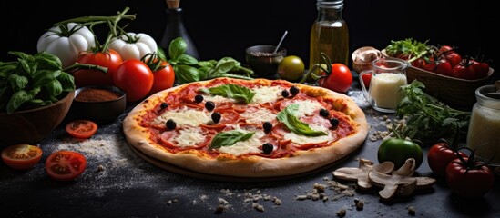 Poster - Copy space image of pizza preparation with ingredients on a grey background