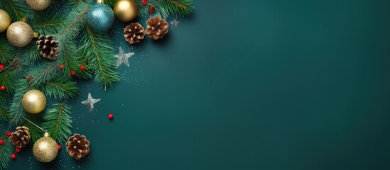 Poster - Christmas winter layout on a green background Concept of christmas winter new year Flat lay top view Copy space