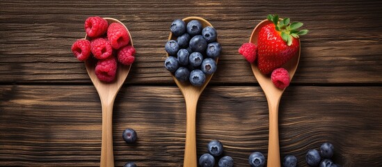Poster - A top down view of various berries blueberries raspberries and strawberries is showcased on an old wooden background specifically a vintage spoon This image presents a copy space for incorporating te