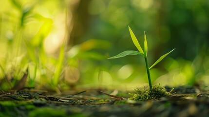 Wall Mural - A macro photograph captures a young bamboo shoot pushing through the forest floor, bathed in soft, morning light. The delicate details of the shoot and surrounding greenery are highlighted