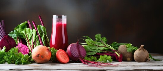 Aufkleber - Fresh beet juice and raw vegetable on grey wooden table Space for text. copy space available