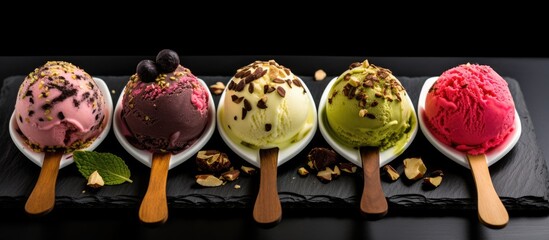 Poster - A variety of mouth watering homemade ice cream flavors such as pistachio green berry pink chocolate and white vanilla are beautifully presented on a black table The ice cream balls come with a spoon