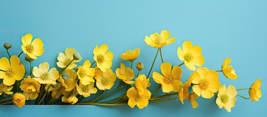 Poster - Fine art still life macro of a bouquet of colorful and differently shaped buttercup blossoms on blue background. copy space available