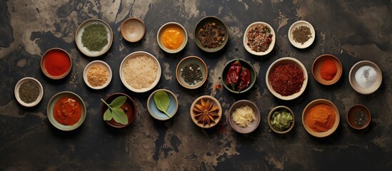 Poster - Set of empty sauce bowls and spices on dark stone table Top view with copy space Flat lay