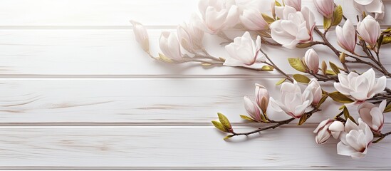 Aufkleber - Magnolia tree branches with beautiful flowers on white wooden table flat lay Space for text. copy space available
