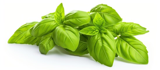 Poster - Basil leaves on white background Copy space