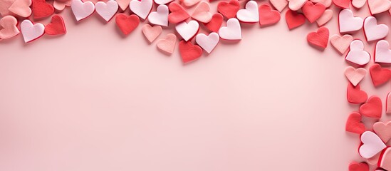 Poster - Valentine s day frame made of red silk hearts on a pink pastel background Empty space for text Flat lay top view copy space For Saint Valentine mother s day birthday postcards greeting cards