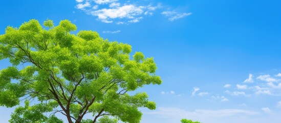 Poster - Closeup green tree in the garden with beautiful blue sky background with copy space