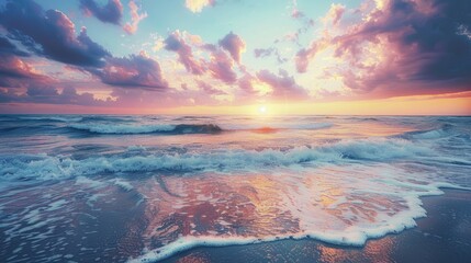 Wall Mural - A peaceful beach scene at sunset, with the oceans gentle waves lapping against the shore and colorful clouds reflecting in the water