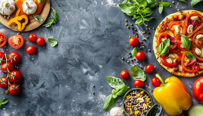 Sticker - A pizza with a variety of vegetables including tomatoes, peppers, and basil