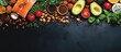 © Gular - A top view of a copy space image showcasing a selection of nutritious and well balanced foods containing calcium salmon tomatoes avocados nuts herbs spices and beans