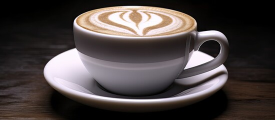 Aufkleber - coffee cappuccino in a white cup with a symbol of Ethereum cinnamon on milk foam. copy space available
