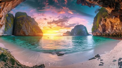 Wall Mural - A stunning wide-angle view of a secluded tropical beach at sunset, framed by towering cliffs. The clear turquoise waters stretch to the horizon, while the sky is ablaze with vibrant colors