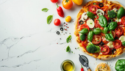 Canvas Print - A pizza with lots of vegetables on it is displayed on a white background