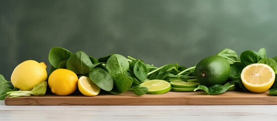 Poster - Healthy foods cooking and vegetarian concept fresh spinach leaves lemon apples avocado on cutting board. copy space available