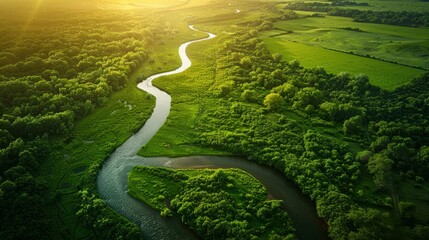 Wall Mural - An aerial photograph capturing the serene beauty of a winding river meandering through verdant meadows, bathed in the golden light of a setting sun