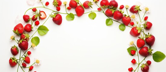 Poster - red strawberries with leaves and flowers are arranged in a circle top view sweet frame for summer wishes. copy space available