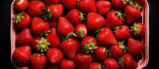 Poster - A close up top view of strawberries spread out on a white surface inside a recycled paper food container There is empty space available for text or objects in the image. copy space available