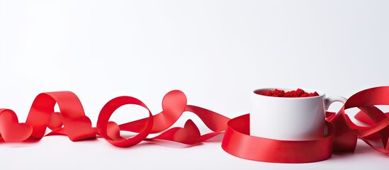 Canvas Print - Ribbons shaped as hearts be side cup on white background valentine day concept. copy space available