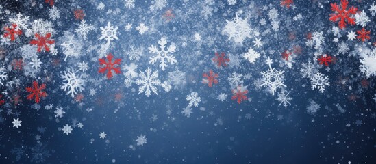 Aufkleber - White and red snowflakes on a blue background Christmas background Merry Christmas and Happy New Year concept top view copy space