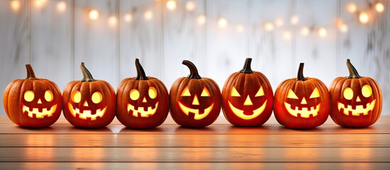 Aufkleber - Glowing Halloween pumpkin heads jack o lantern on white wooden background with copy space for text